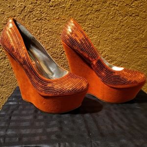 Orange Sequin Wedge Heels